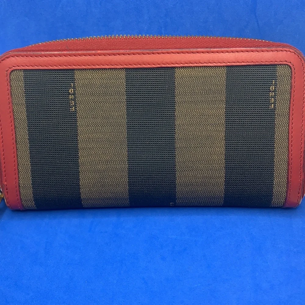 Fendi Magenta/Tobacco‎ Pequin Stripe Canvas and Zip Around Continental Wallet
